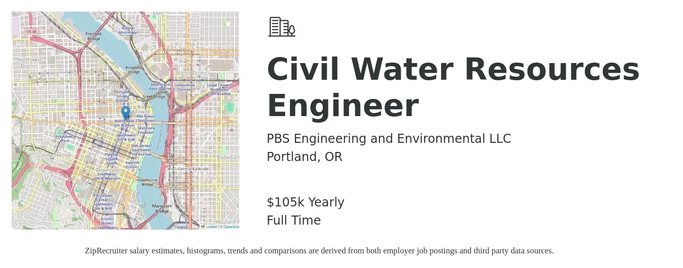 PBS Engineering and Environmental LLC job posting for a Civil Water Resources Engineer in Portland, OR with a salary of $105,000 Yearly with a map of Portland location.