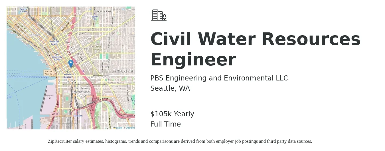PBS Engineering and Environmental LLC job posting for a Civil Water Resources Engineer in Seattle, WA with a salary of $105,000 Yearly with a map of Seattle location.