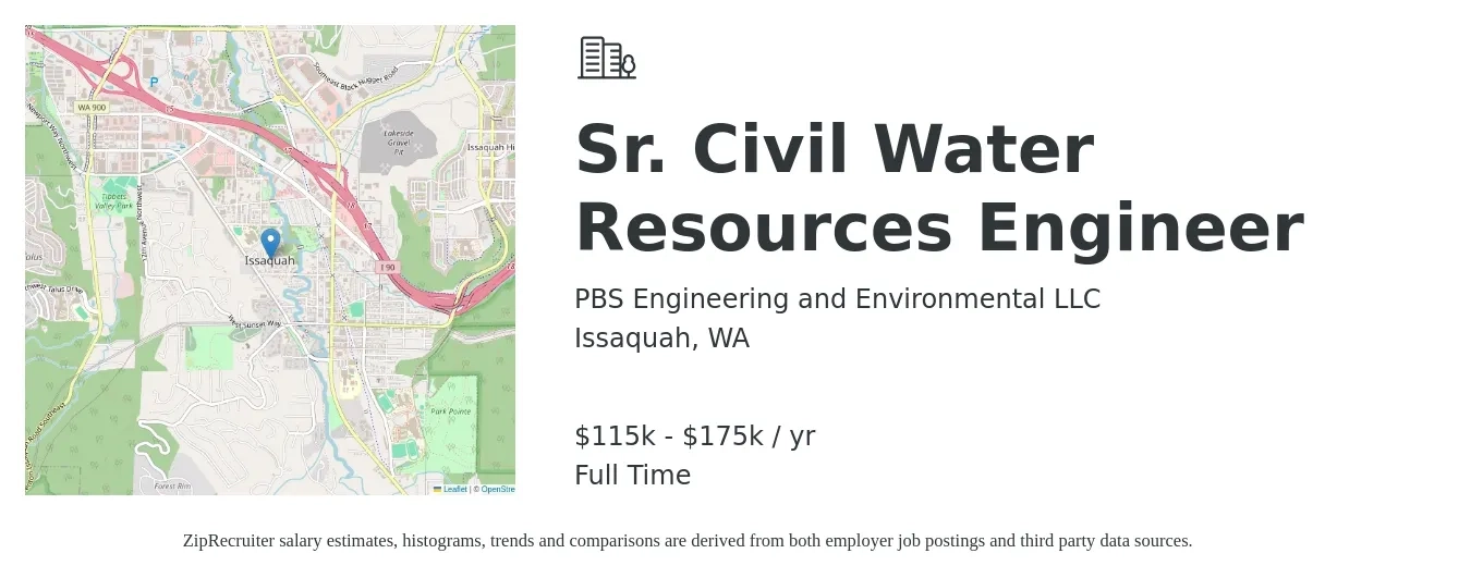 PBS Engineering and Environmental LLC job posting for a Sr. Civil Water Resources Engineer in Issaquah, WA with a salary of $115,000 to $175,000 Yearly with a map of Issaquah location.