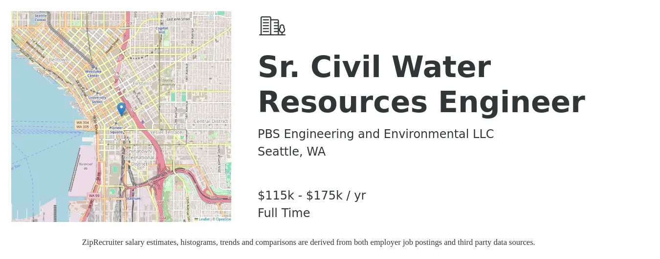 PBS Engineering and Environmental LLC job posting for a Sr. Civil Water Resources Engineer in Seattle, WA with a salary of $115,000 to $175,000 Yearly with a map of Seattle location.