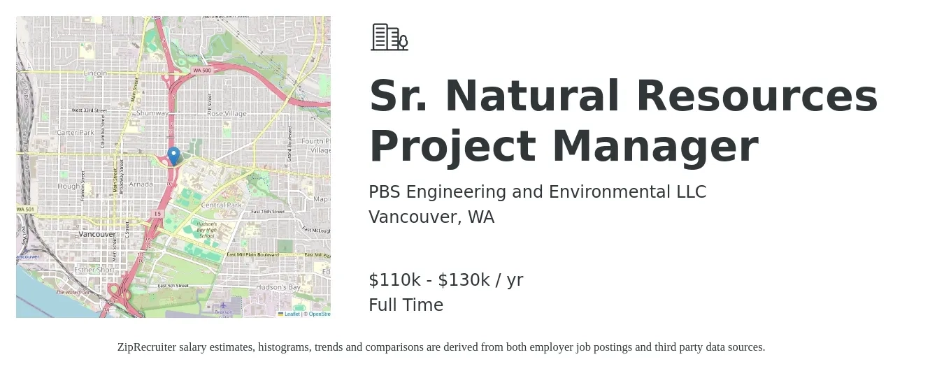 PBS Engineering and Environmental LLC job posting for a Sr. Natural Resources Project Manager in Vancouver, WA with a salary of $110,000 to $130,000 Yearly with a map of Vancouver location.