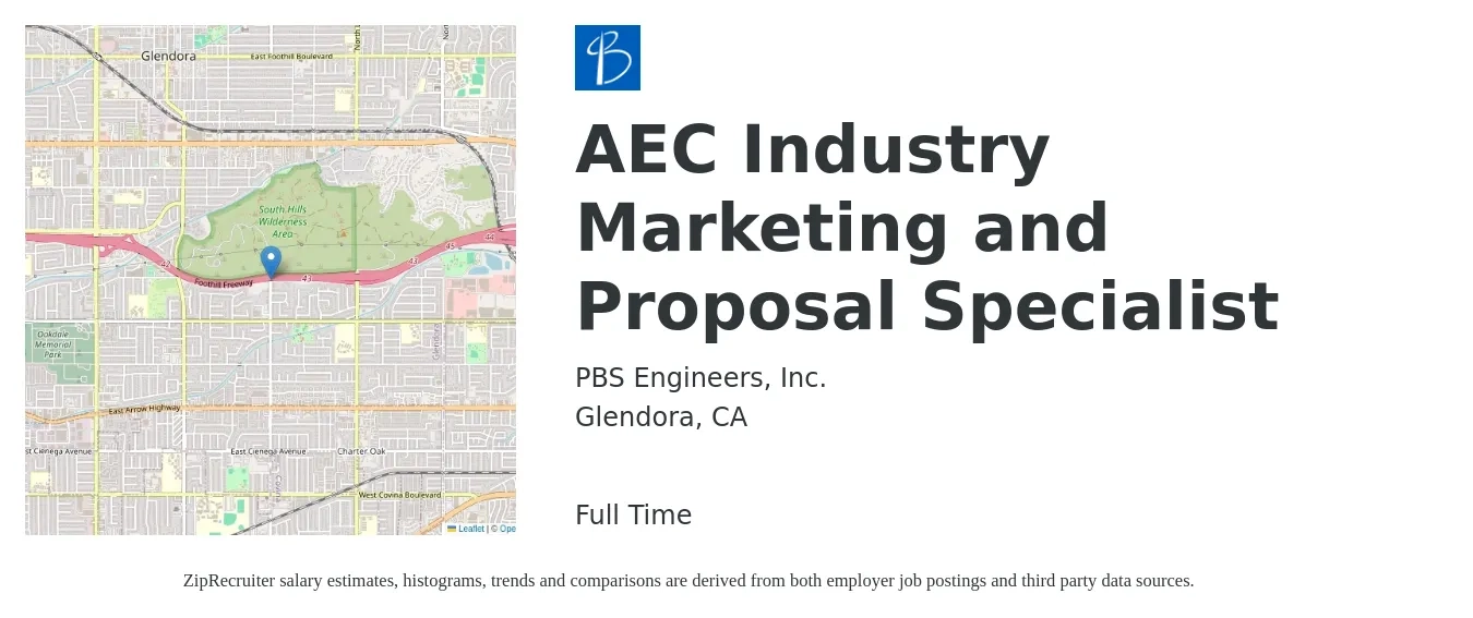 PBS Engineers, Inc. job posting for a AEC Industry Marketing and Proposal Specialist in Glendora, CA with a salary of $62,500 to $93,300 Yearly with a map of Glendora location.