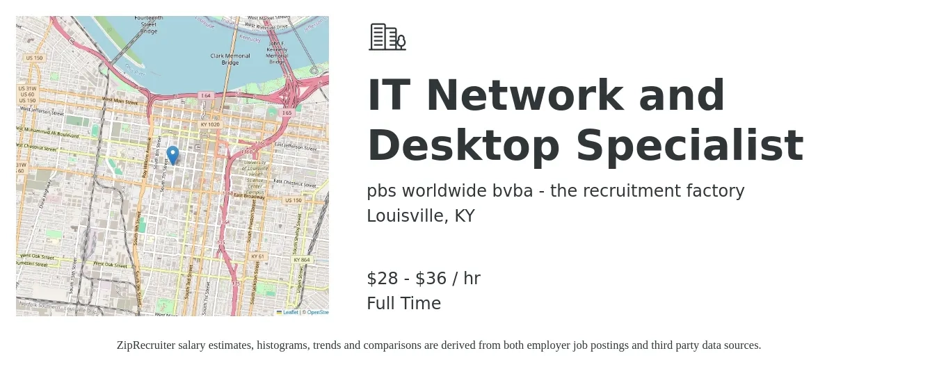 pbs worldwide bvba - the recruitment factory job posting for a IT Network and Desktop Specialist in Louisville, KY with a salary of $30 to $38 Hourly with a map of Louisville location.