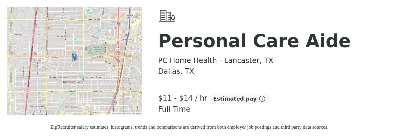 PC Home Health - Lancaster, TX job posting for a Personal Care Aide in Dallas, TX with a salary of $12 to $15 Hourly with a map of Dallas location.