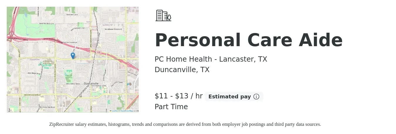 PC Home Health - Lancaster, TX job posting for a Personal Care Aide in Duncanville, TX with a salary of $12 to $14 Hourly with a map of Duncanville location.
