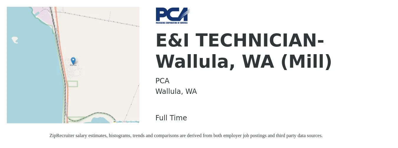 PCA job posting for a E&I TECHNICIAN- Wallula, WA (Mill) in Wallula, WA with a map of Wallula location.