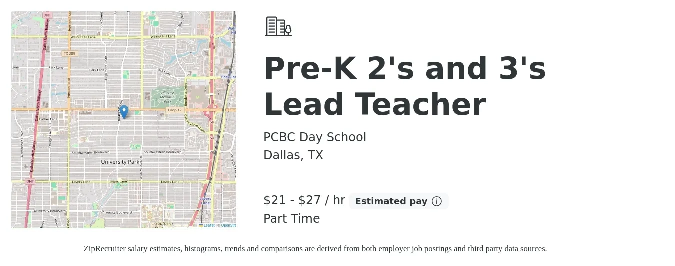 PCBC Day School job posting for a Pre-K 2's and 3's Lead Teacher in Dallas, TX with a salary of $22 to $29 Hourly with a map of Dallas location.