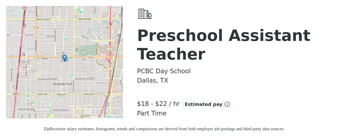 PCBC Day School job posting for a Preschool Assistant Teacher in Dallas, TX with a salary of $19 to $23 Hourly with a map of Dallas location.