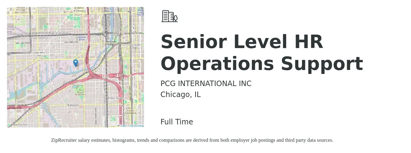 PCG INTERNATIONAL INC job posting for a Senior Level HR Operations Support in Chicago, IL with a salary of $85,600 to $132,000 Yearly with a map of Chicago location.