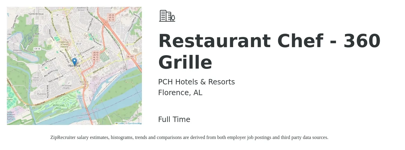 PCH Hotels & Resorts job posting for a Restaurant Chef - 360 Grille in Florence, AL with a salary of $44,900 to $63,700 Yearly with a map of Florence location.