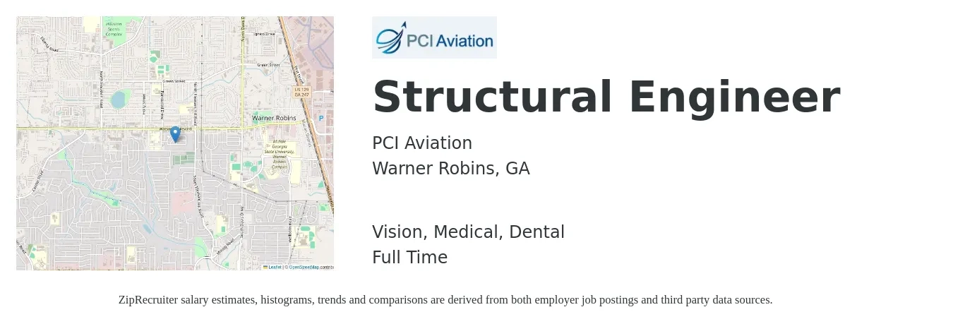 PCI Aviation job posting for a Structural Engineer in Warner Robins, GA with a salary of $72,900 to $103,000 Yearly and benefits including retirement, vision, dental, life_insurance, medical, and pto with a map of Warner Robins location.