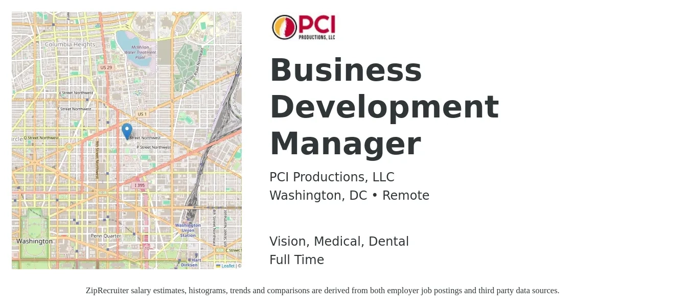 PCI Productions, LLC job posting for a Business Development Manager in Washington, DC with a salary of $69,100 to $113,300 Yearly and benefits including dental, life_insurance, medical, pto, retirement, and vision with a map of Washington location.