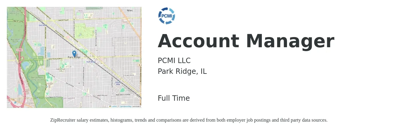PCMI LLC job posting for a Account Manager in Park Ridge, IL with a salary of $47,200 to $77,200 Yearly with a map of Park Ridge location.