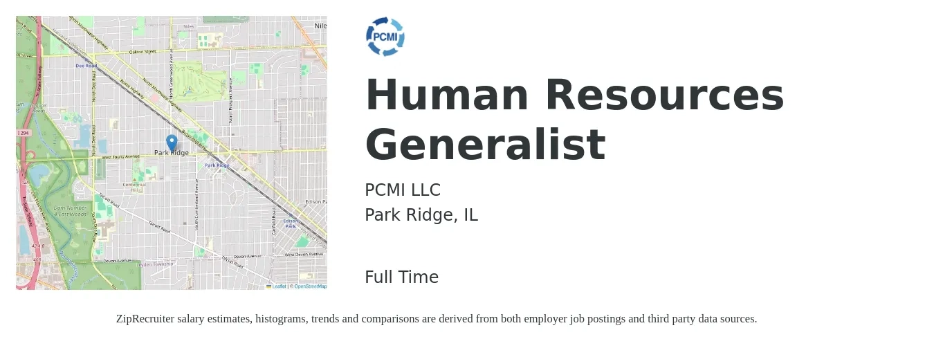PCMI LLC job posting for a Human Resources Generalist in Park Ridge, IL with a salary of $51,200 to $72,800 Yearly with a map of Park Ridge location.