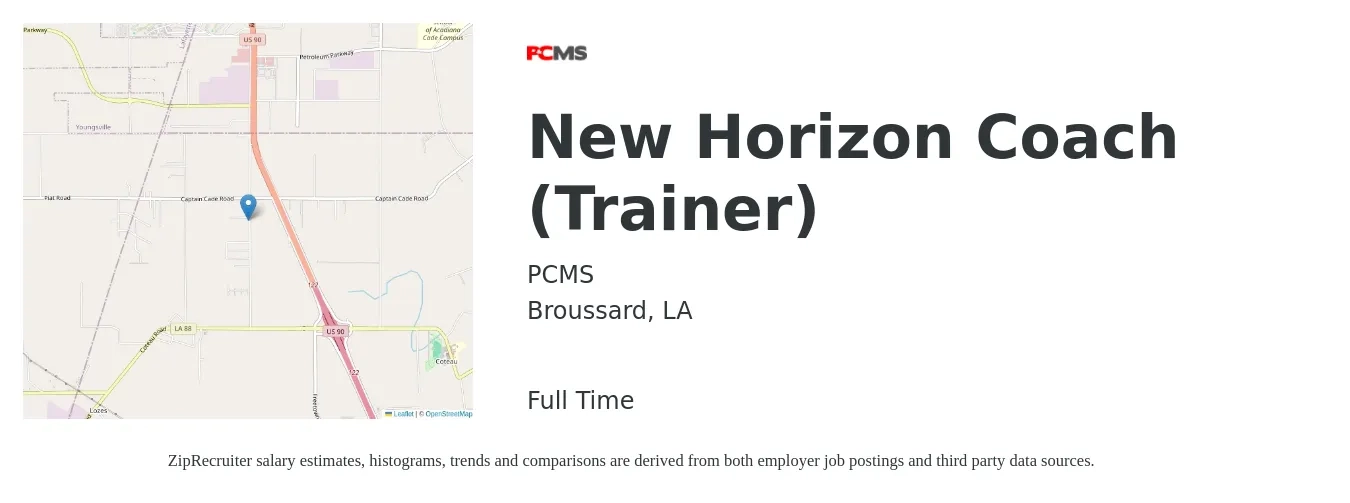 PCMS job posting for a New Horizon Coach (Trainer) in Broussard, LA with a salary of $27,700 to $65,400 Yearly with a map of Broussard location.