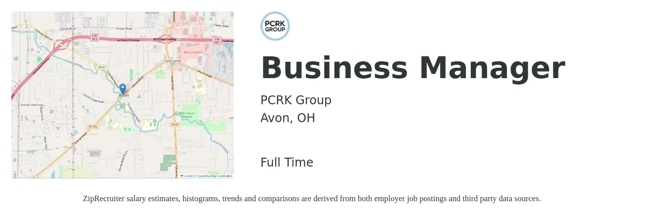 PCRK Group job posting for a Business Manager in Avon, OH with a salary of $47,900 to $87,700 Yearly with a map of Avon location.