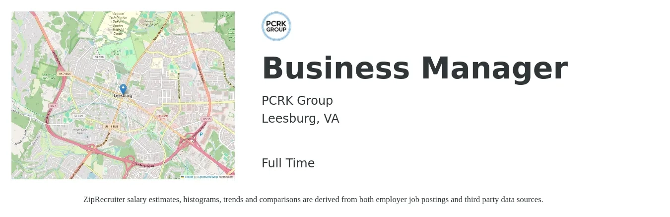 PCRK Group job posting for a Business Manager in Leesburg, VA with a salary of $53,600 to $98,100 Yearly with a map of Leesburg location.