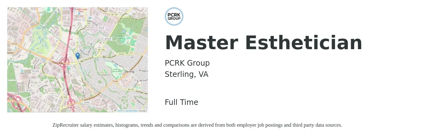 PCRK Group job posting for a Master Esthetician in Sterling, VA with a salary of $23 to $38 Hourly with a map of Sterling location.