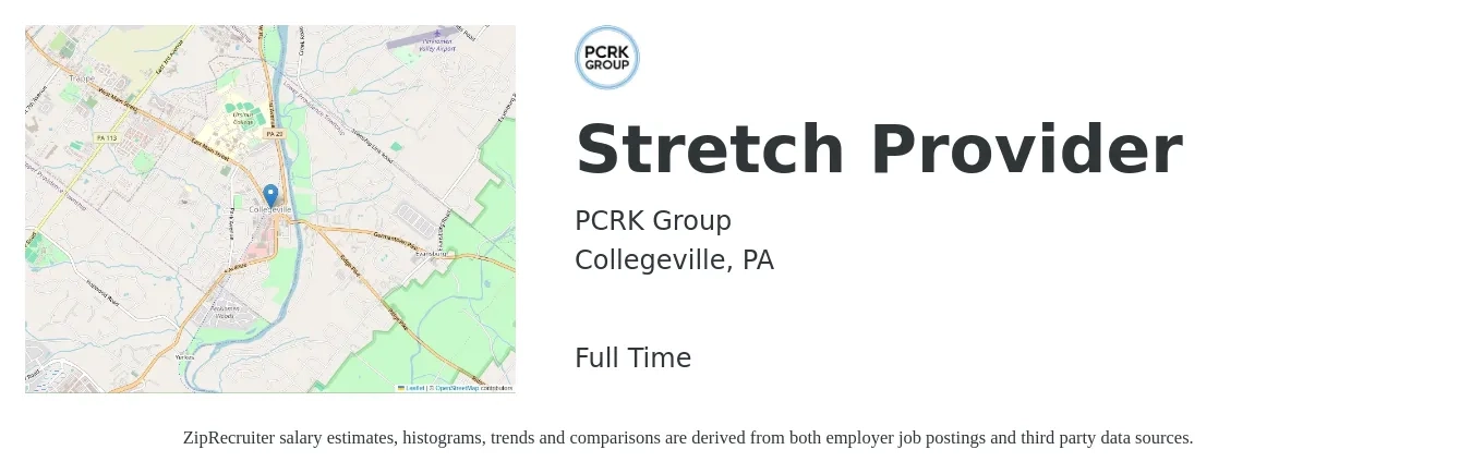 PCRK Group job posting for a Stretch Provider in Collegeville, PA with a salary of $14 to $16 Hourly with a map of Collegeville location.