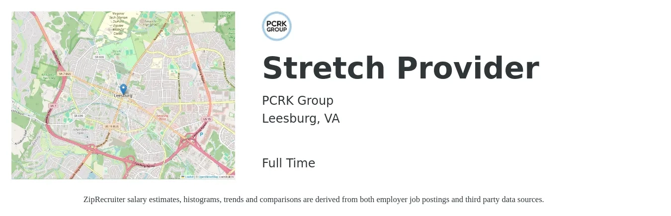 PCRK Group job posting for a Stretch Provider in Leesburg, VA with a salary of $14 to $17 Hourly with a map of Leesburg location.