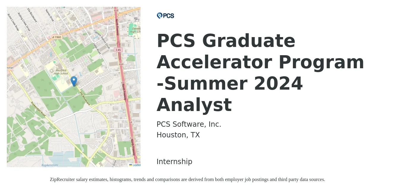 PCS Software Inc job posting for a PCS Graduate Accelerator Program -Summer 2024 Analyst in Houston, TX with a salary of $62,100 to $94,100 Yearly with a map of Houston location.