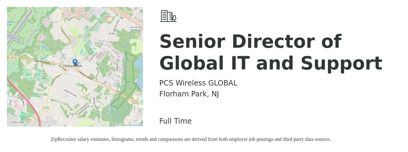 PCS Wireless GLOBAL job posting for a Senior Director of Global IT and Support in Florham Park, NJ with a salary of $112,000 to $164,300 Yearly with a map of Florham Park location.