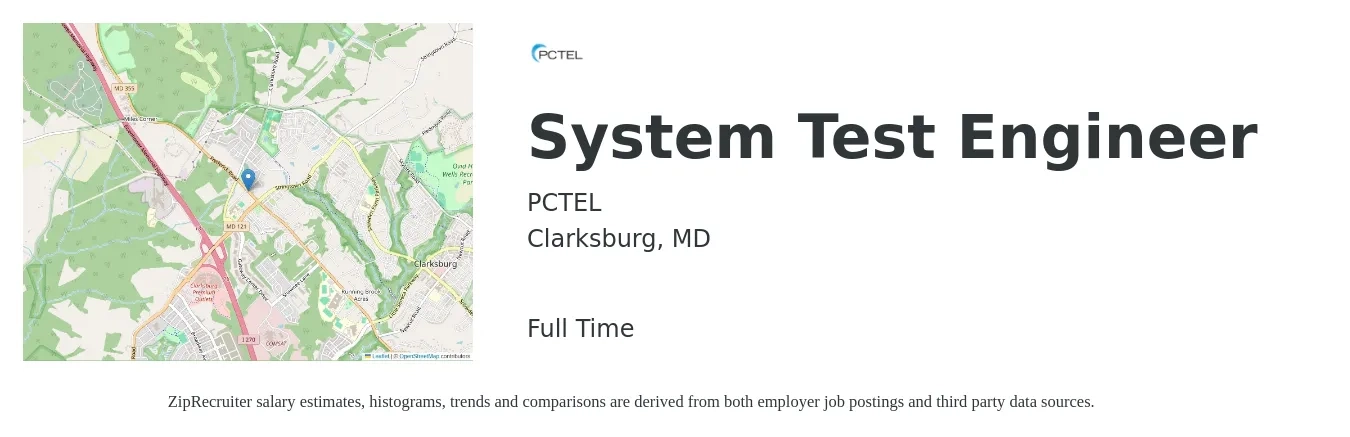 PCTEL job posting for a System Test Engineer in Clarksburg, MD with a salary of $50 to $72 Hourly with a map of Clarksburg location.