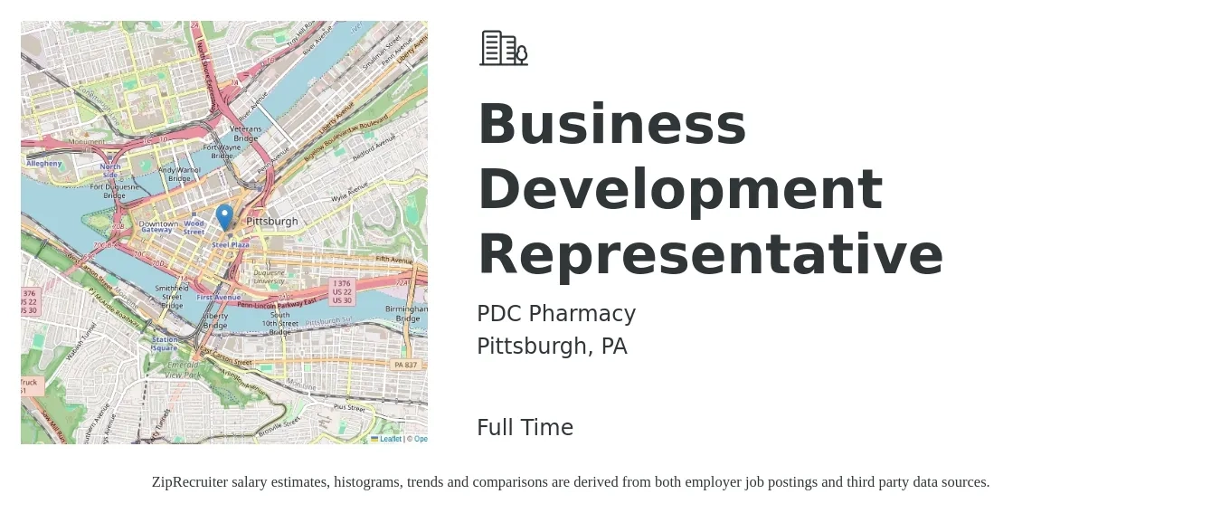 PDC Pharmacy job posting for a Business Development Representative in Pittsburgh, PA with a salary of $55,000 Yearly with a map of Pittsburgh location.
