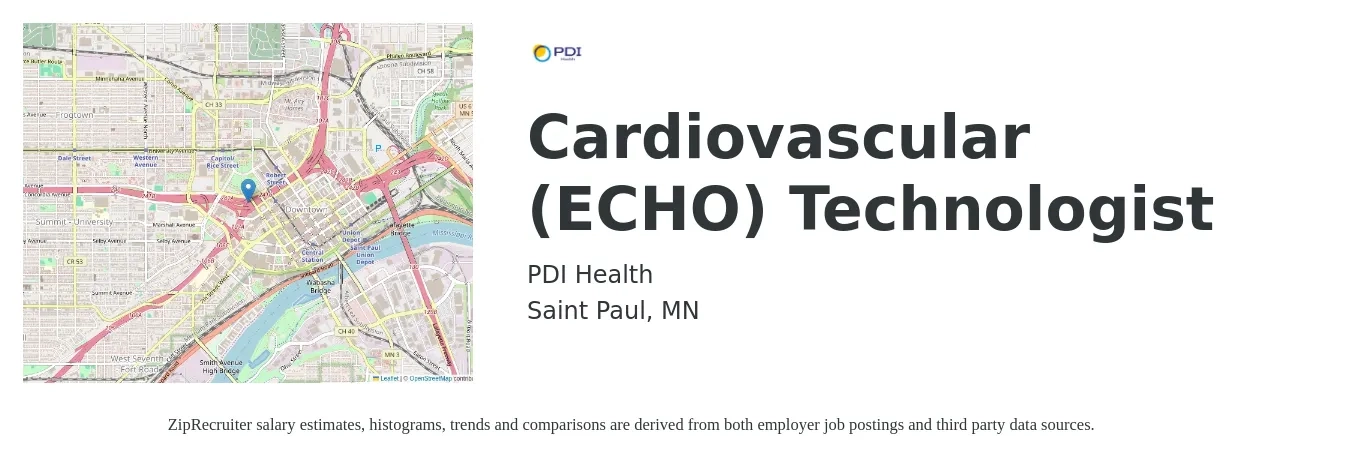 PDI Health job posting for a Cardiovascular (ECHO) Technologist in Saint Paul, MN with a salary of $2,030 to $2,920 Weekly with a map of Saint Paul location.