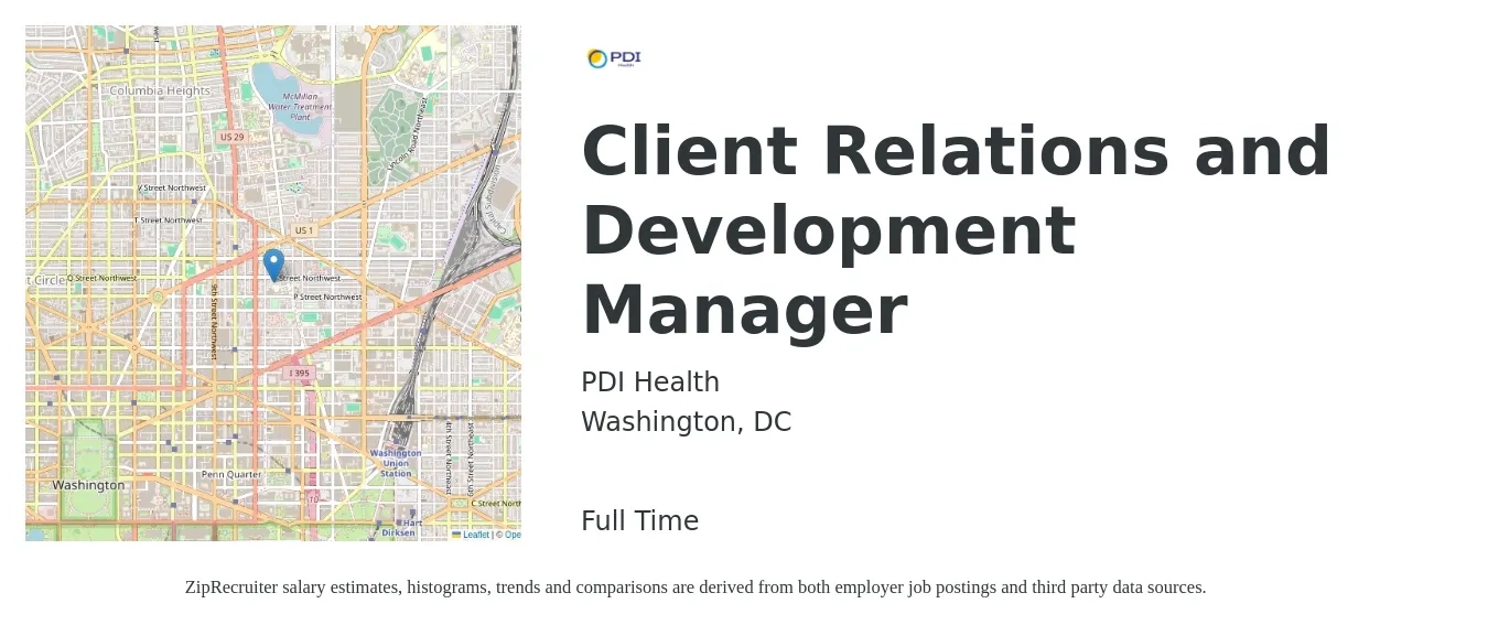 PDI Health job posting for a Client Relations and Development Manager in Washington, DC with a salary of $49,200 to $73,600 Yearly with a map of Washington location.