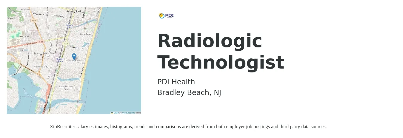 PDI Health job posting for a Radiologic Technologist in Bradley Beach, NJ with a salary of $1,270 to $2,630 Weekly with a map of Bradley Beach location.