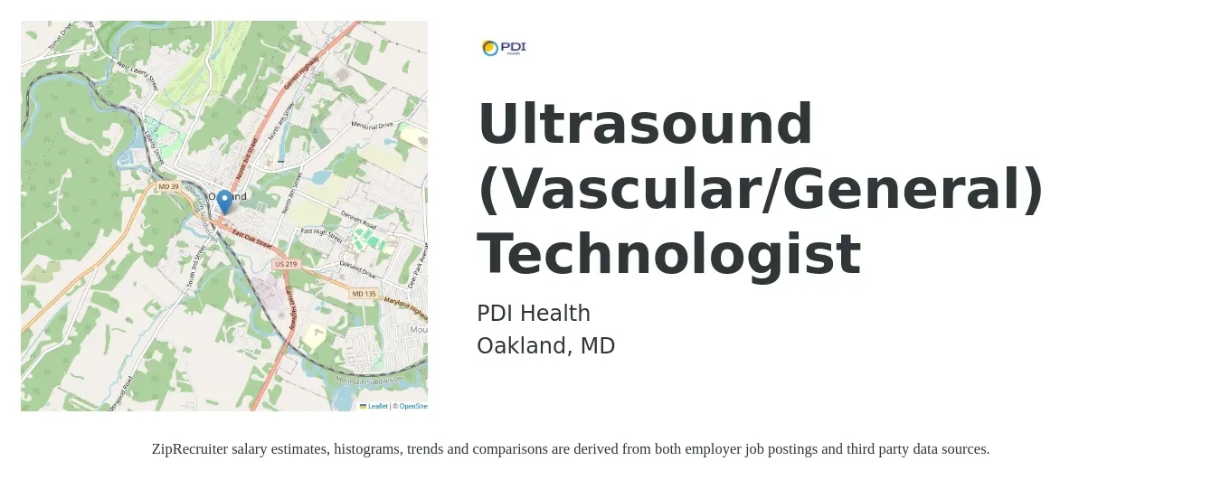 PDI Health job posting for a Ultrasound (Vascular/General) Technologist in Oakland, MD with a salary of $1,340 to $2,430 Weekly with a map of Oakland location.