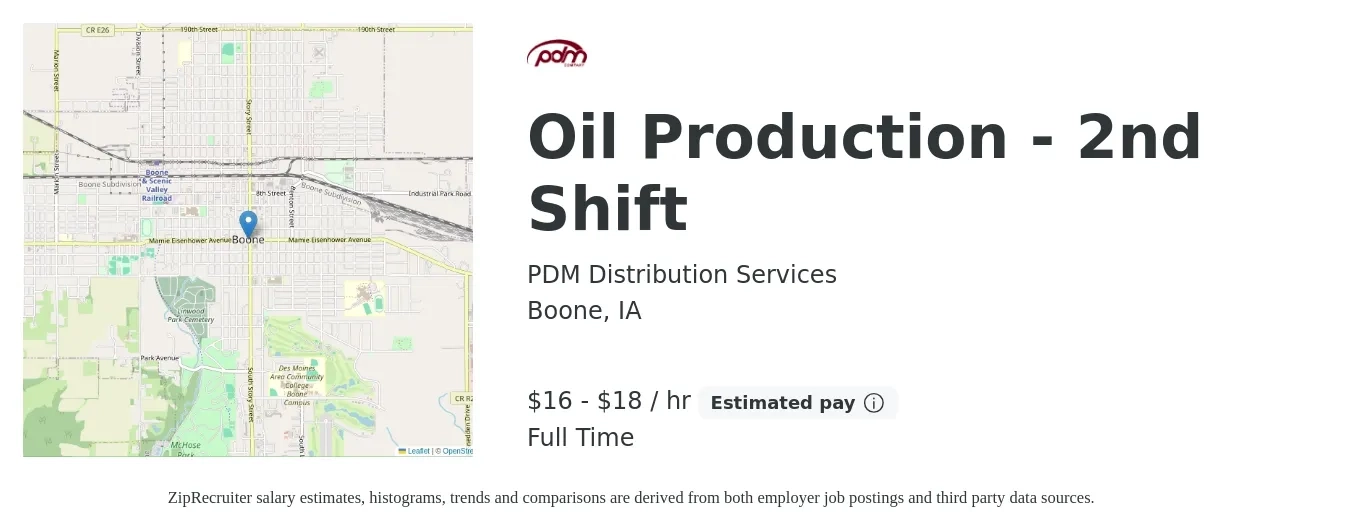 PDM Distribution Services job posting for a Oil Production - 2nd Shift in Boone, IA with a salary of $17 to $19 Hourly with a map of Boone location.