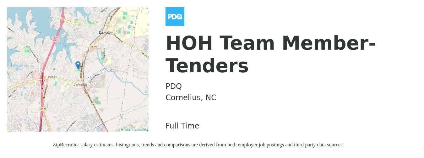 PDQ job posting for a HOH Team Member-Tenders in Cornelius, NC with a salary of $14 to $18 Hourly with a map of Cornelius location.