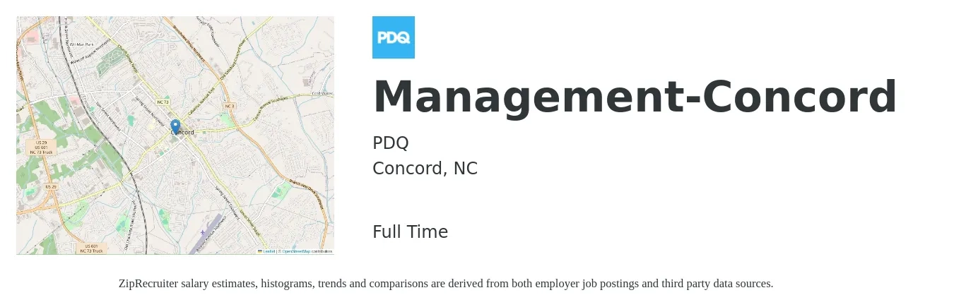 PDQ job posting for a Management-Concord in Concord, NC with a salary of $41,900 to $59,100 Yearly with a map of Concord location.