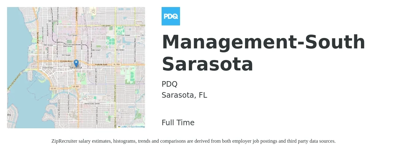 PDQ job posting for a Management-South Sarasota in Sarasota, FL with a salary of $43,400 to $61,200 Yearly with a map of Sarasota location.