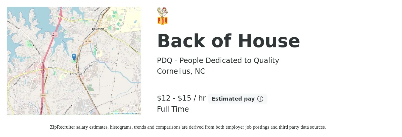 PDQ - People Dedicated to Quality job posting for a Back of House in Cornelius, NC with a salary of $14 to $18 Hourly with a map of Cornelius location.