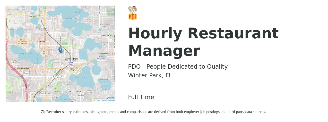 PDQ - People Dedicated to Quality job posting for a Hourly Restaurant Manager in Winter Park, FL with a salary of $41,800 to $129,100 Yearly with a map of Winter Park location.