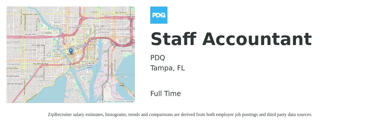 PDQ job posting for a Staff Accountant in Tampa, FL with a salary of $52,000 to $68,500 Yearly with a map of Tampa location.