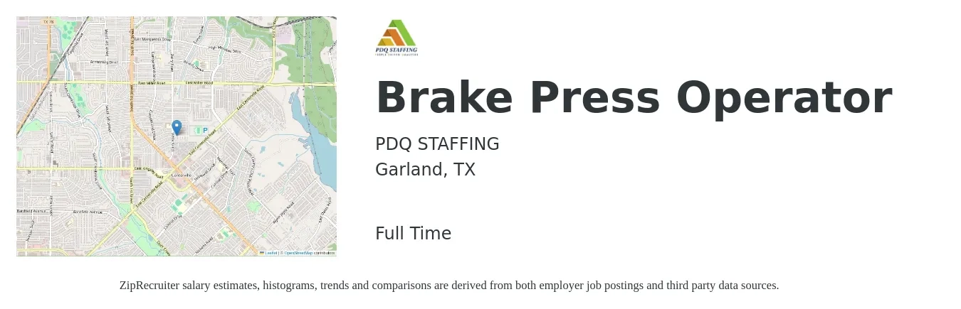 PDQ STAFFING job posting for a Brake Press Operator in Garland, TX with a salary of $18 to $23 Hourly with a map of Garland location.
