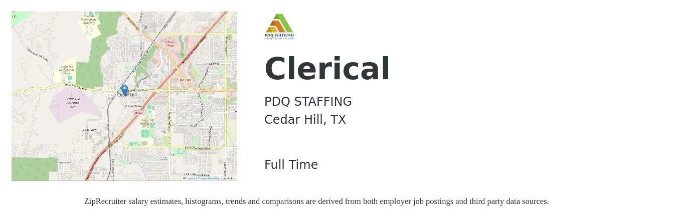 PDQ STAFFING job posting for a Clerical in Cedar Hill, TX with a salary of $14 to $16 Hourly with a map of Cedar Hill location.