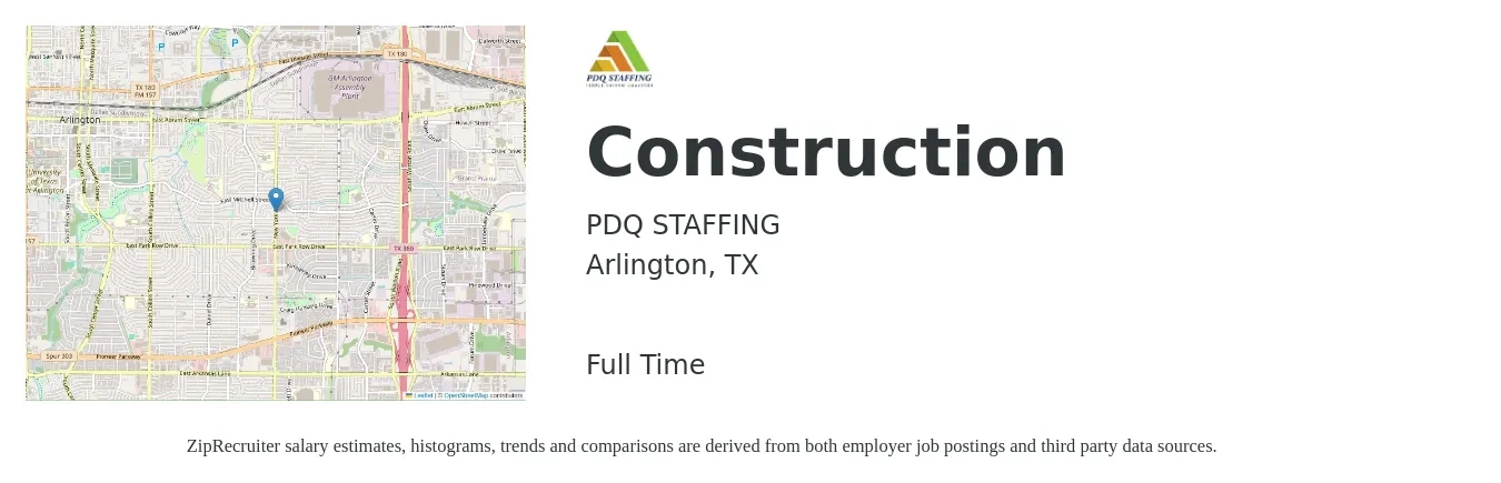 PDQ STAFFING job posting for a Construction in Arlington, TX with a salary of $55,800 to $89,100 Yearly with a map of Arlington location.