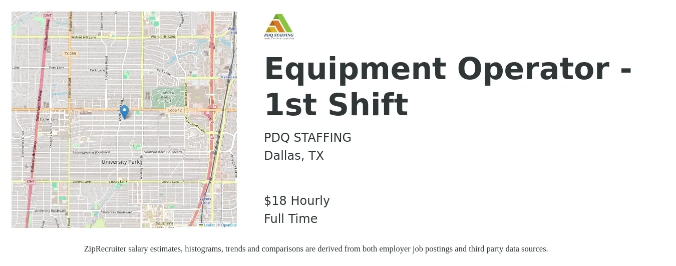 PDQ STAFFING job posting for a Equipment Operator - 1st Shift in Dallas, TX with a salary of $19 Hourly with a map of Dallas location.