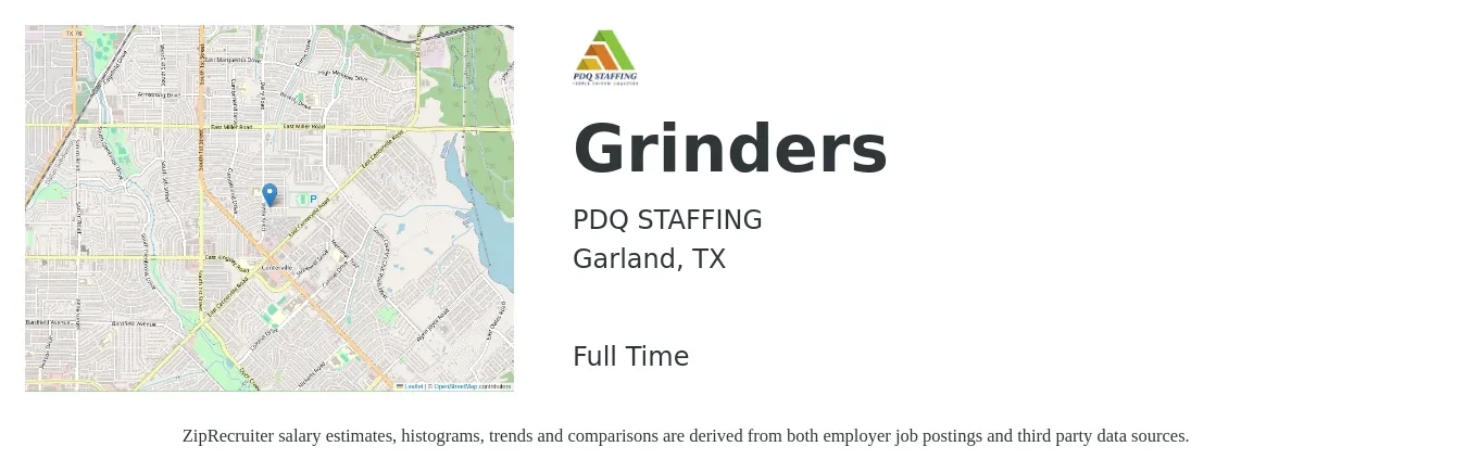 PDQ STAFFING job posting for a Grinders in Garland, TX with a salary of $16 to $20 Hourly with a map of Garland location.