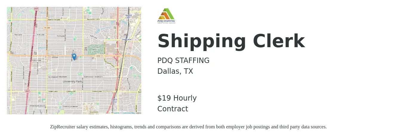 PDQ STAFFING job posting for a Shipping Clerk in Dallas, TX with a salary of $20 Hourly with a map of Dallas location.