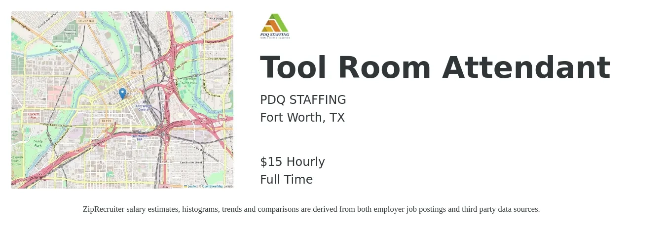 PDQ STAFFING job posting for a Tool Room Attendant in Fort Worth, TX with a salary of $16 Hourly with a map of Fort Worth location.
