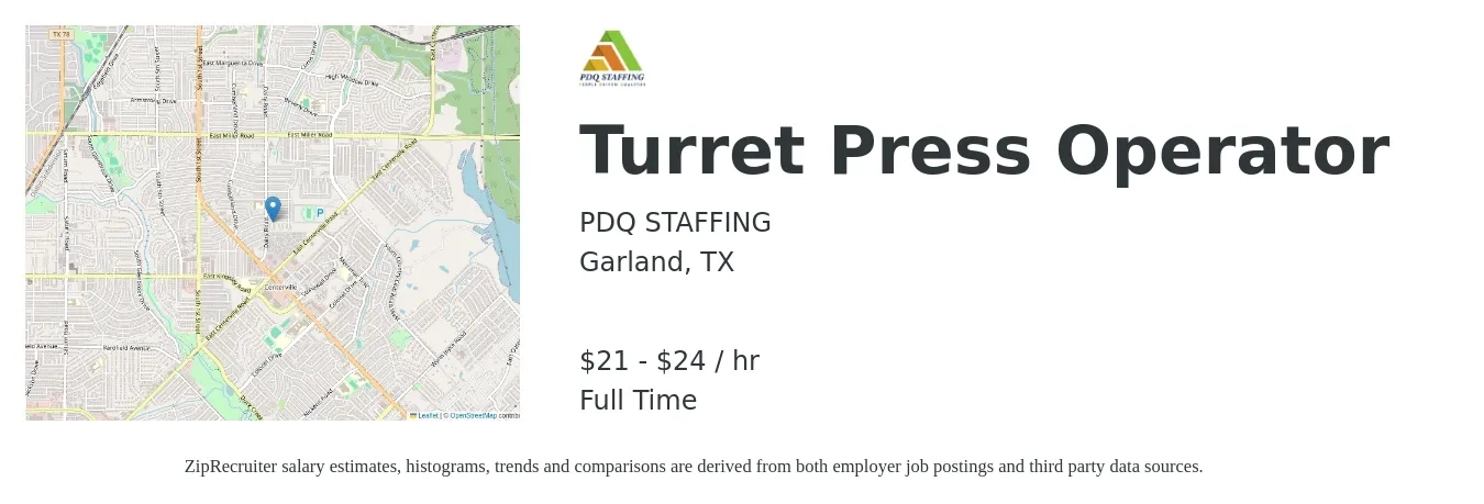 PDQ STAFFING job posting for a Turret Press Operator in Garland, TX with a salary of $22 to $25 Hourly with a map of Garland location.
