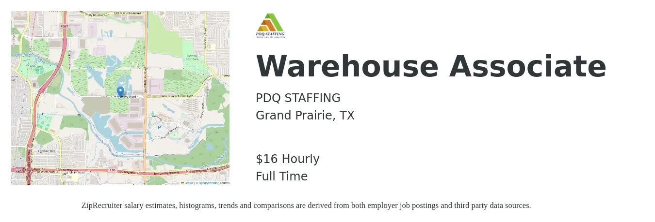 PDQ STAFFING job posting for a Warehouse Associate in Grand Prairie, TX with a salary of $19 to $22 Hourly with a map of Grand Prairie location.