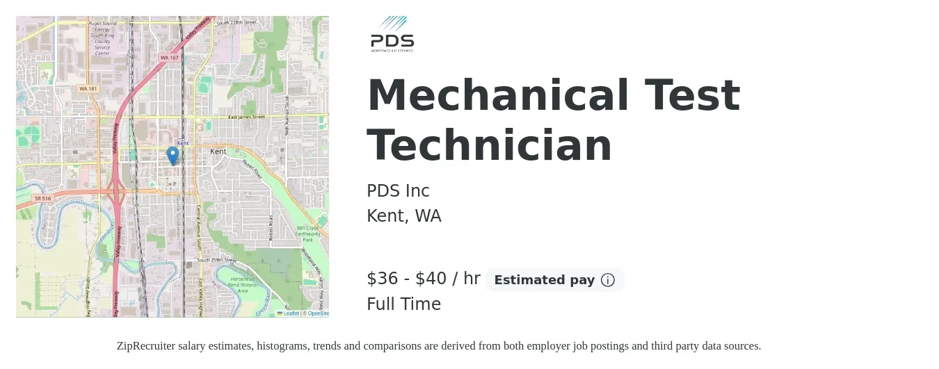 PDS Inc job posting for a Mechanical Test Technician in Kent, WA with a salary of $38 to $42 Hourly with a map of Kent location.