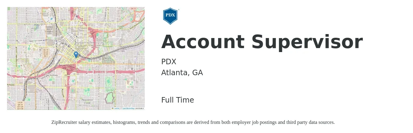 PDX job posting for a Account Supervisor in Atlanta, GA with a salary of $46,200 to $75,500 Yearly with a map of Atlanta location.